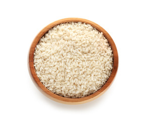 Bowl with white rice on white background