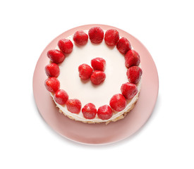 Delicious cake with strawberries on white background