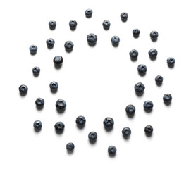 Ripe blueberries on white background, top view