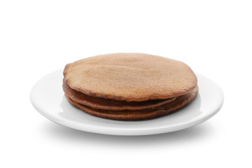 Plate with tasty chocolate pancakes on white background
