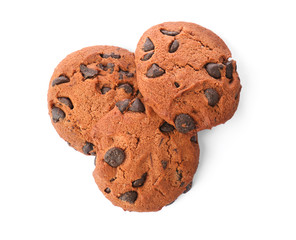 Tasty chocolate cookies on white background