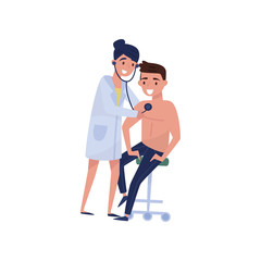 Female therapist doctor examining male patient with stethoscope, medical treatment and healthcare concept vector Illustration on a white background