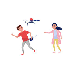 Drone quadrocopter haunting male robber who stole a handbag from a young girl vector Illustration on a white background