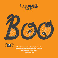 Halloween vector illustration with spiders. Boo lettering.