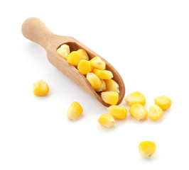Scoop with tasty corn kernels on white background
