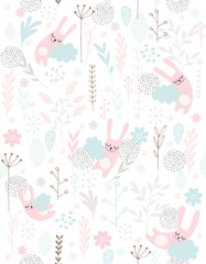 Mignons petits lapins endormis dessinés à la main, modèle vectoriel. Lapins roses dormant sur les nuages bleus. Fleurs, brindilles et feuilles roses, grises et bleues. Fond blanc.