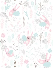 Tapeten Niedliche handgezeichnete schlafende kleine Häschen, Vektormuster. Rosa Kaninchen, die auf den blauen Wolken schlafen. Rosa, graue und blaue Blumen, Zweige und Blätter. Weißer Hintergrund. © Magdalena
