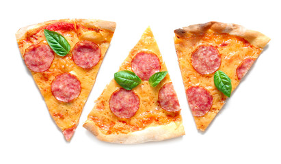 Slices of tasty Pepperoni pizza on white background