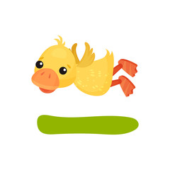Cute funny little yellow duckling character flying vector Illustration on a white background