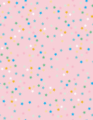 Abstract Geometric Vector Pattern. Light Pink Background. Multicolor Stars Confetti. Bright Pastel Colors. Irregular Seamless Design.