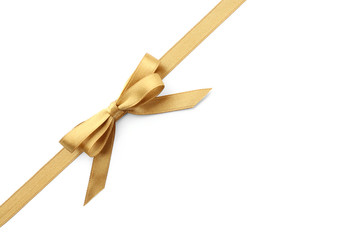 Golden ribbon with bow on white background