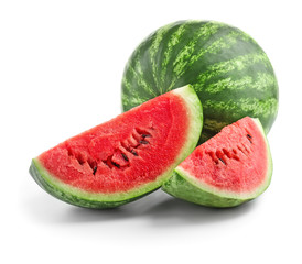 Ripe watermelon with slices on white background