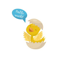 Cute little yellow duckling character hatching from egg saying Hello World vector Illustration on a white background