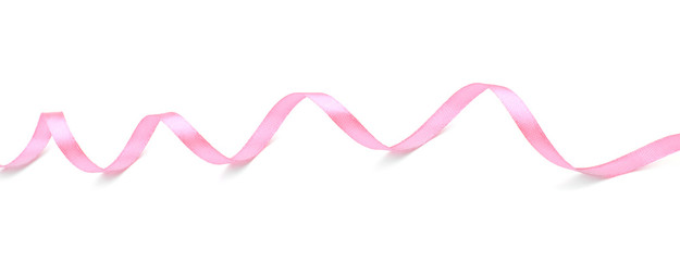 Curled pink ribbon on white background