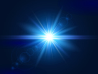 Glowing light effect. Blue lens flare. Glare light. Explosion star. Flash with rays and spotlight. Vector illustration