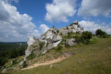 Fototapeta na wymiar rock against the blue sky - Jura Krakowsko-Częstochowska - geographical macroregion located in southern Poland