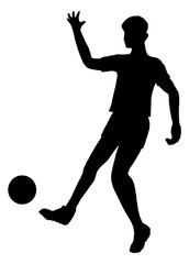 Male silhouette of footballer with a ball. Sport character for design, banners, prints, posters, advertising, scrapbooking, logo. Football, game, player, champion. Summer games