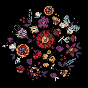 Embroidery ethnic pattern with simplified flowers and butterfly. Vector embroidered floral patch for print and fabric design.