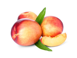 Fresh peaches on white background