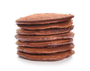 Tasty chocolate pancakes on white background