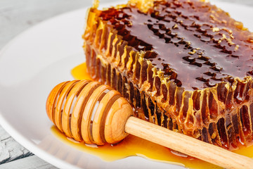 Honeycomb on plate with honey dipper