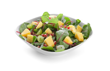 Plate with healthy fresh salad on white background