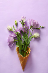 Waffle cone with beautiful eustoma flowers on color background