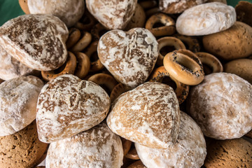 Gingerbread, crackers, bagels, and oatmeal cookies