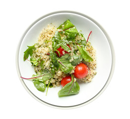 Plate with healthy fresh salad on white background