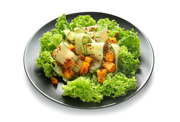 Plate with healthy fresh salad on white background