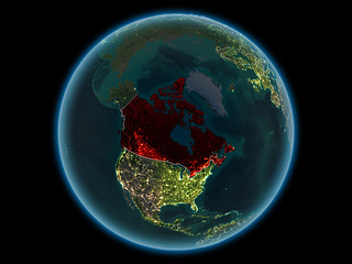 Canada on planet Earth from space at night