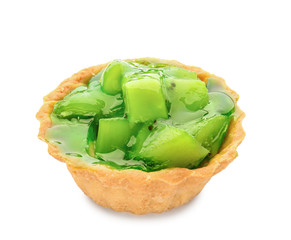 Delicious tart with kiwi on white background