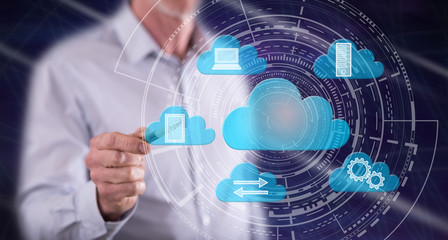 Man touching a cloud computing concept