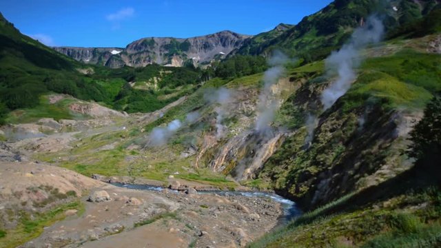 Valley of Geysers. Tourist season in Kamchatka Peninsula. Kronotsky Nature Reserve. The summer stock footage video