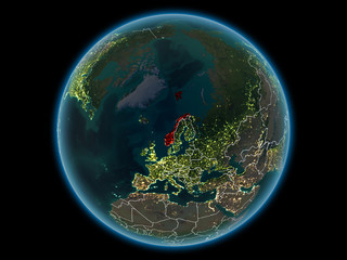 Norway on planet Earth from space at night