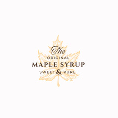 Original Maple Syrup Abstract Vector Sign, Symbol or Logo Template. Maple Leaf Sillhouette Sketch with Elegant Retro Typography. Vintage Luxury Emblem.