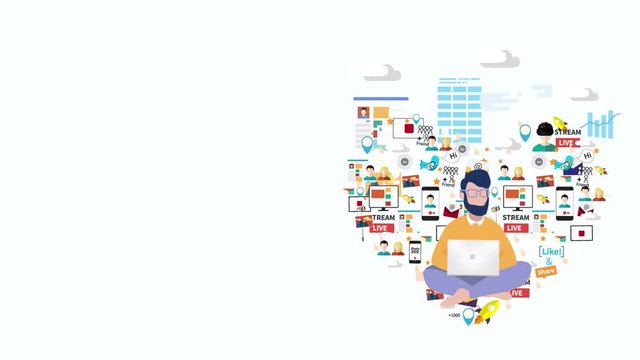 Digital marketing specialist practicing yoga video. Business people characters scene animation. Marketing manager holding laptop. Social media icons, rocket ship, bird, mail. stock footage