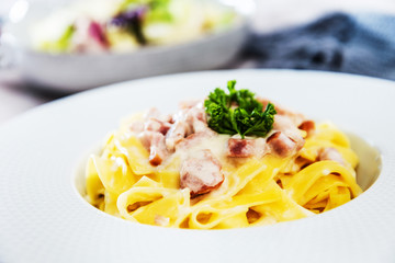 tasty Carbonara pasta on the table