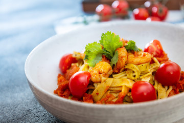Small prawns tomato compote Tagliatelle with pesto