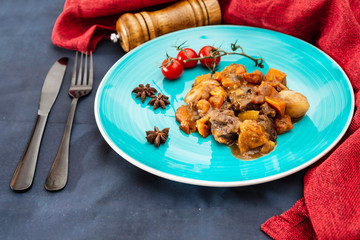 Beef stewed and Carrots potatoes with a wine sauce and herbs