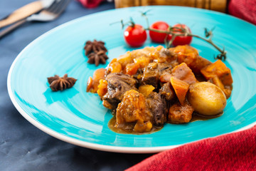 Beef stewed and Carrots potatoes with a wine sauce and herbs