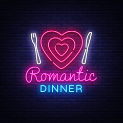 Romantic Dinner Neon Logo Vector. Romantic Dinner neon sign, design template, modern trend design, night neon signboard, night light advertising, light banner, light art. Vector illustration