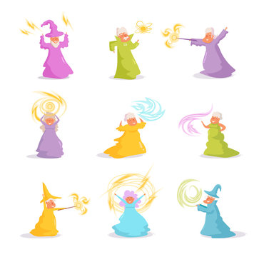 Sorcerer, wizard, set Vector. Cartoon. Isolated art on white background.
