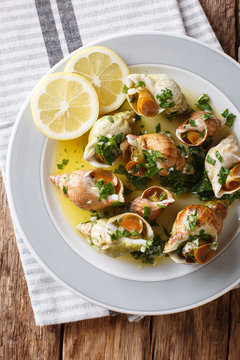 French shellfish bulot whelks served with a sauce of butter, garlic and parsley, lemon close-up. Vertical top view from above
