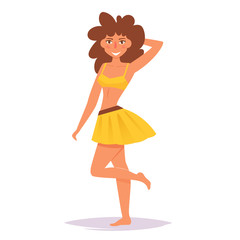 Woman in tank top and skirt. Long hair Vector. Cartoon. Isolated art on white background.