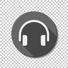 Simple headphones icon. flat icon, long shadow, circle, transpar