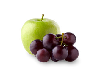 Green apple with grape bunch isolated on white background