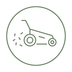 Vector lawn mower icon with trendy line art style. Mowing grass linear sign, Gardening tools emblem for Landscaping design company isolated on a white background. Hand lawn mower gardening thin line.