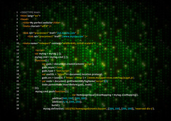Obraz premium Simple HTML code on green matrix symbols, digital binary code on dark, technology background