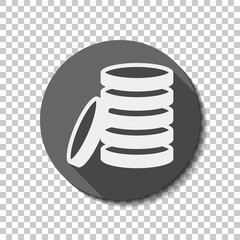 Coin stack icon. flat icon, long shadow, circle, transparent gri